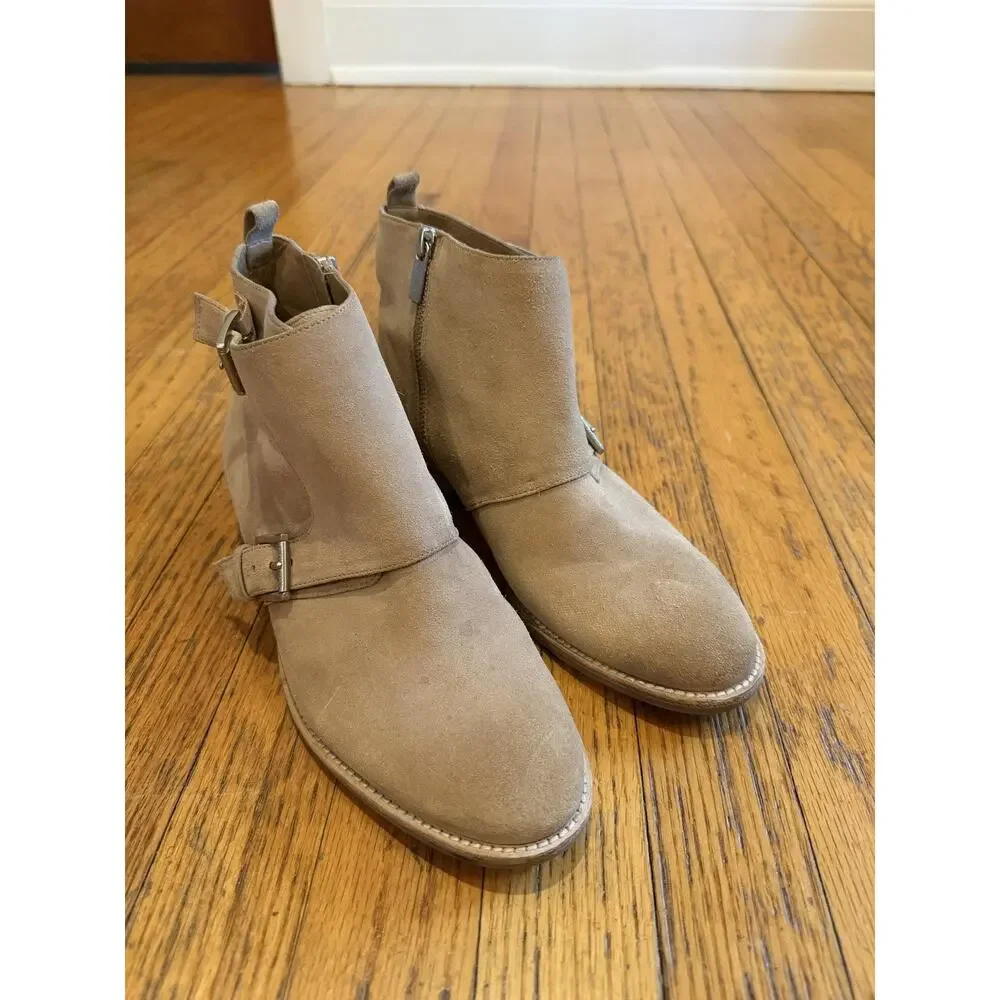 Michael Kors Boots Womens Size 8.5 Beige Suede Ankle Booties Zip Buckle Low Heel